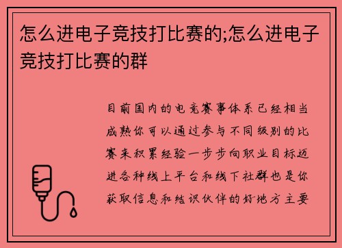 怎么进电子竞技打比赛的;怎么进电子竞技打比赛的群